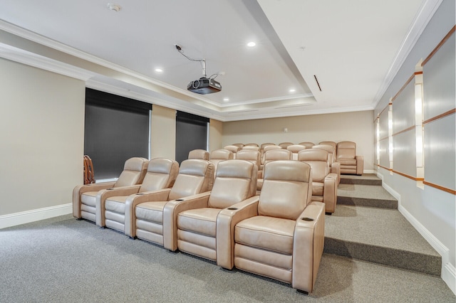 cinema room with a raised ceiling, crown molding, and carpet floors