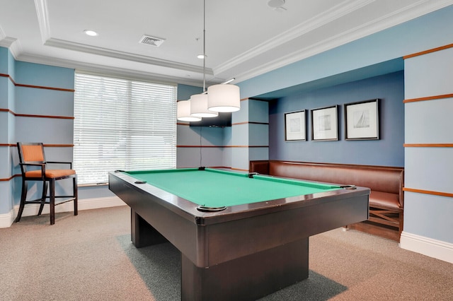 rec room featuring billiards, crown molding, a raised ceiling, and light carpet