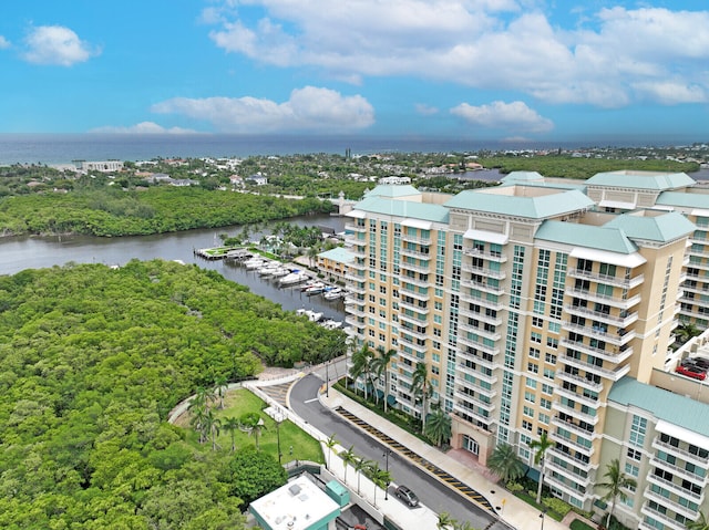 aerial view featuring a water view