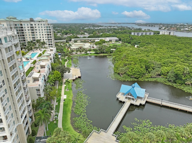 bird's eye view with a water view