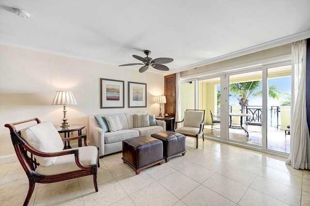 living room with crown molding, light tile patterned flooring, and ceiling fan