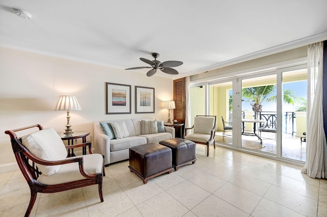 3500 Ocean Dr Unit 323, Vero Beach, FL 32963 - living area with a ceiling fan, crown molding, and light tile patterned floors