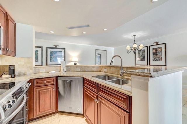 kitchen with light stone counters, sink, an inviting chandelier, decorative backsplash, and appliances with stainless steel finishes