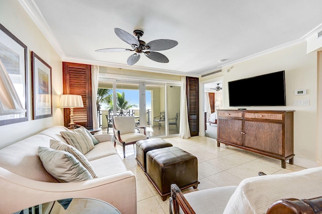 tiled living room with crown molding, ceiling fan, and french doors