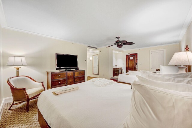 bedroom featuring ornamental molding, ceiling fan, and light colored carpet