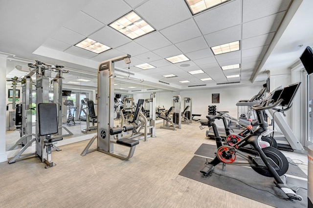 gym featuring light carpet and a drop ceiling