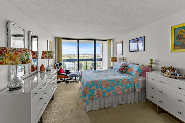 bedroom with a textured ceiling, light colored carpet, and access to outside