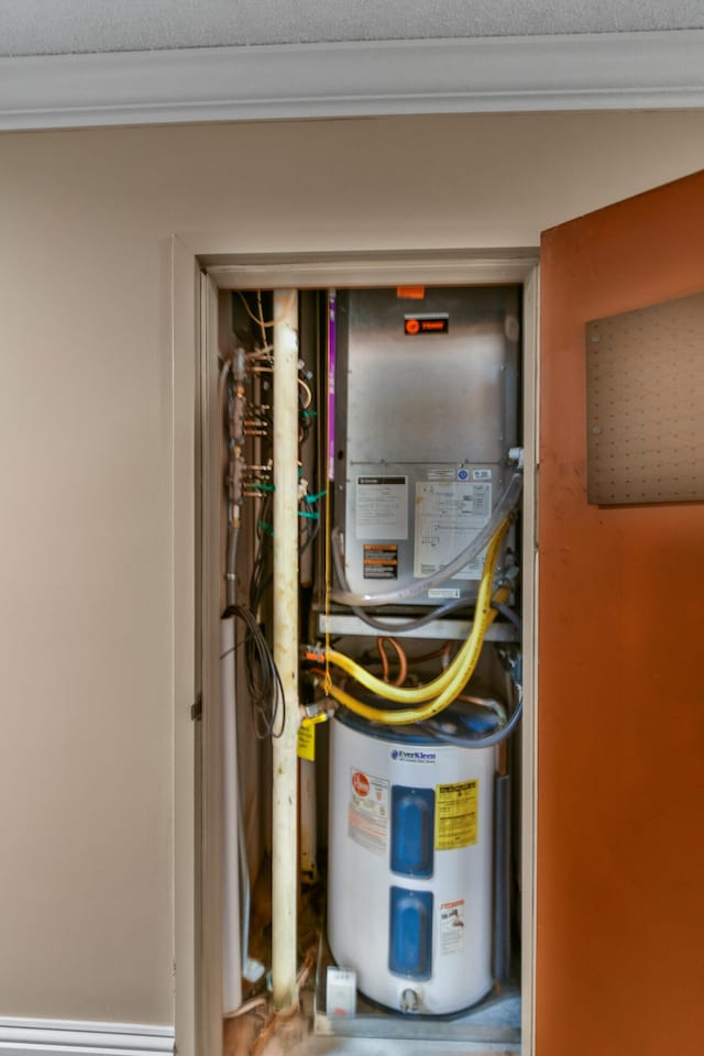 utilities featuring electric water heater and heating unit