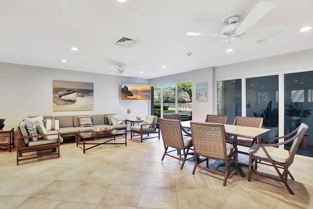 dining space with a ceiling fan, recessed lighting, visible vents, and light tile patterned floors