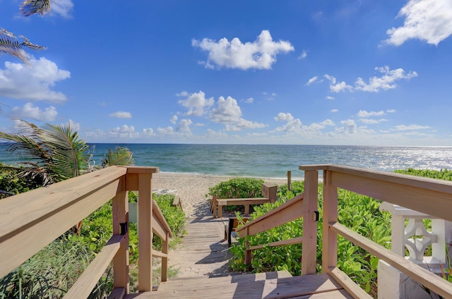 view of water feature with a beach view