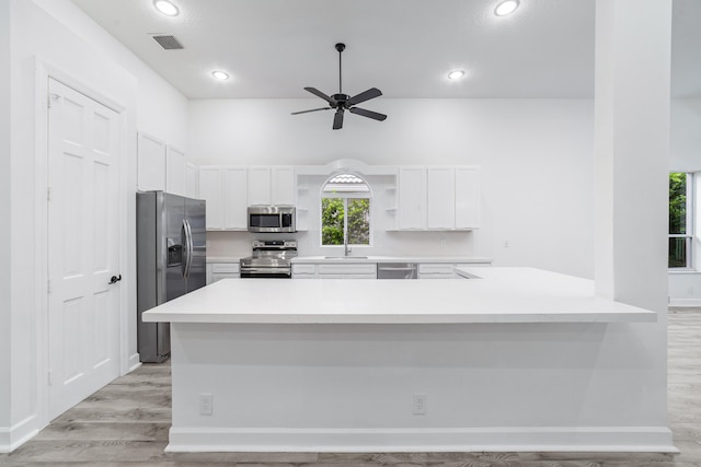 kitchen with white cabinets, appliances with stainless steel finishes, plenty of natural light, and ceiling fan