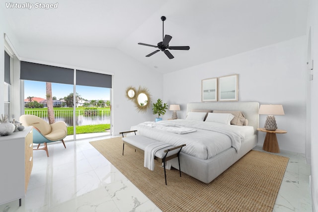 bedroom with vaulted ceiling, access to outside, ceiling fan, and a water view