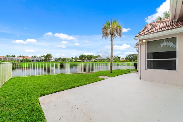 view of patio / terrace featuring a water view