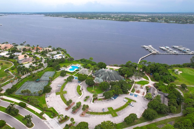 drone / aerial view with a water view