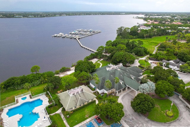 aerial view featuring a water view