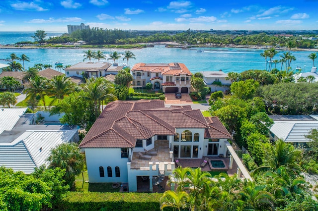 aerial view featuring a water view