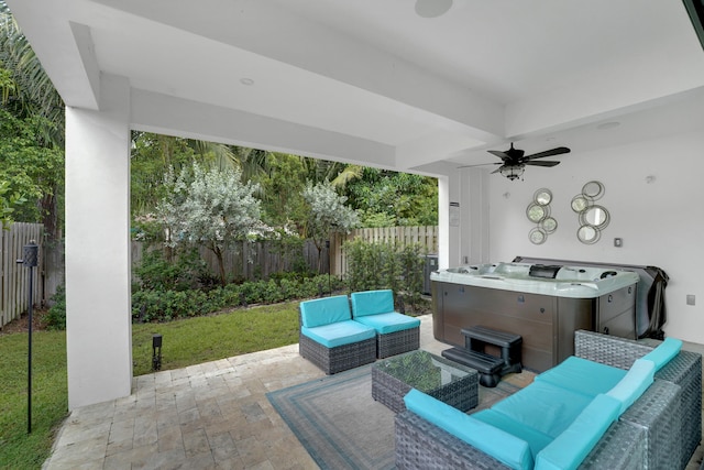 view of patio with ceiling fan and an outdoor hangout area