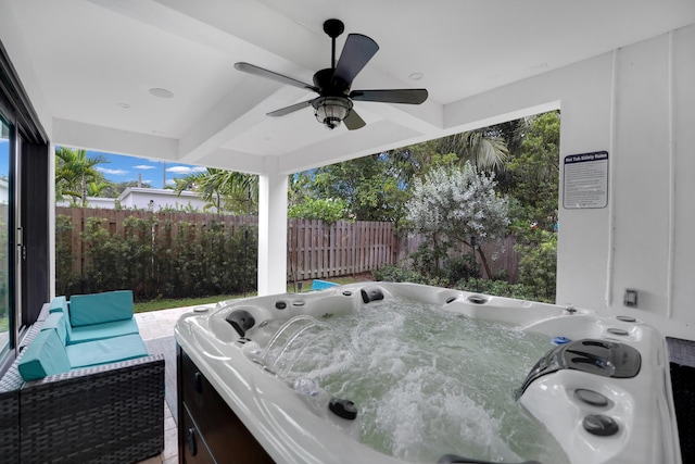 exterior space featuring a hot tub and ceiling fan