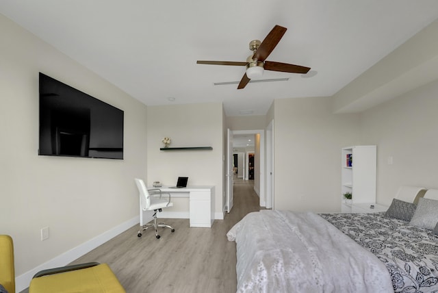 bedroom with ceiling fan and light hardwood / wood-style floors