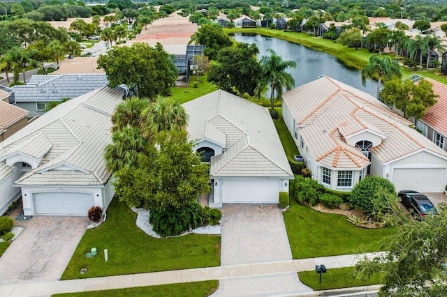 aerial view featuring a water view