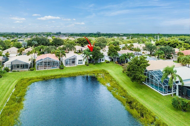 aerial view featuring a water view