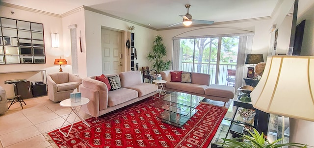 tiled living room featuring ornamental molding and ceiling fan