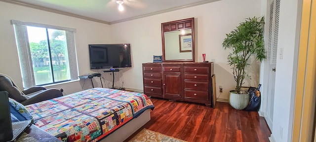 bedroom with crown molding, dark hardwood / wood-style floors, and multiple windows