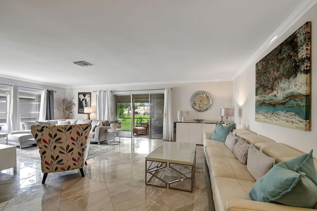 living room with crown molding