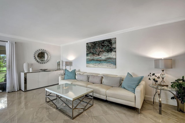 living room with crown molding