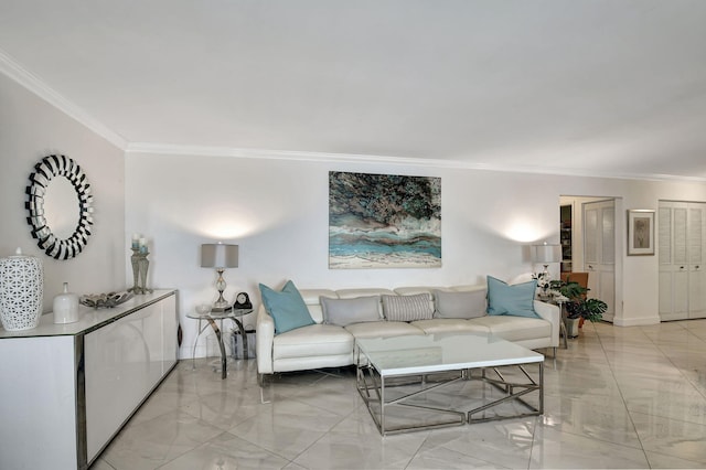 living room with ornamental molding