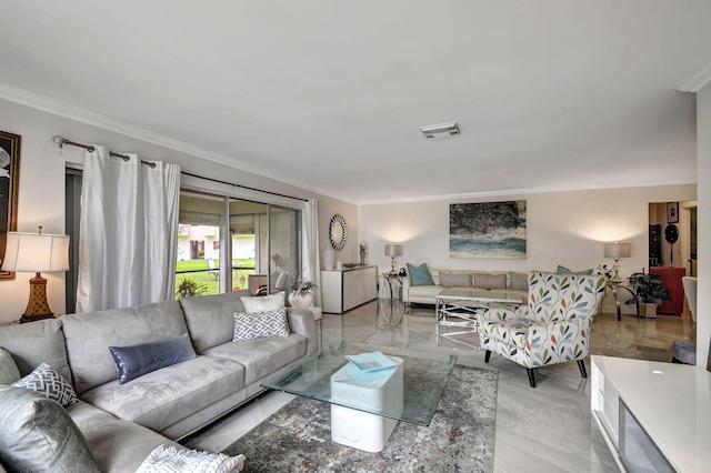 living room featuring crown molding