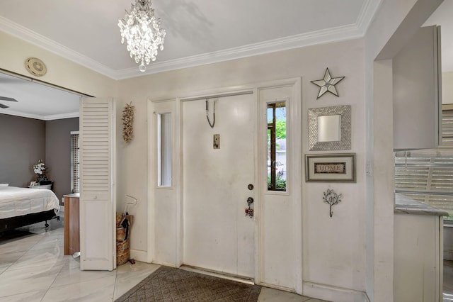 entryway featuring crown molding and ceiling fan with notable chandelier