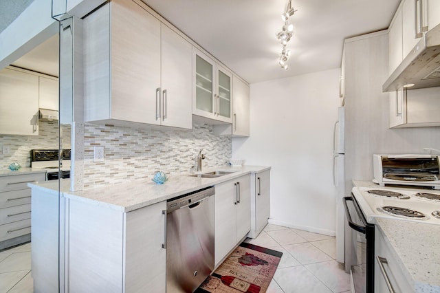 kitchen with dishwasher, sink, light stone counters, range hood, and white range with electric cooktop