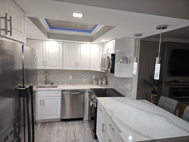 kitchen with a raised ceiling, ornamental molding, light stone countertops, stainless steel appliances, and a sink