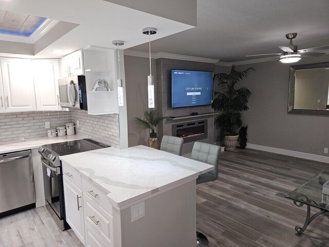 kitchen with crown molding, stainless steel appliances, light wood-style flooring, decorative backsplash, and a glass covered fireplace