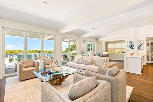 living room with beamed ceiling, a wealth of natural light, and hardwood / wood-style floors