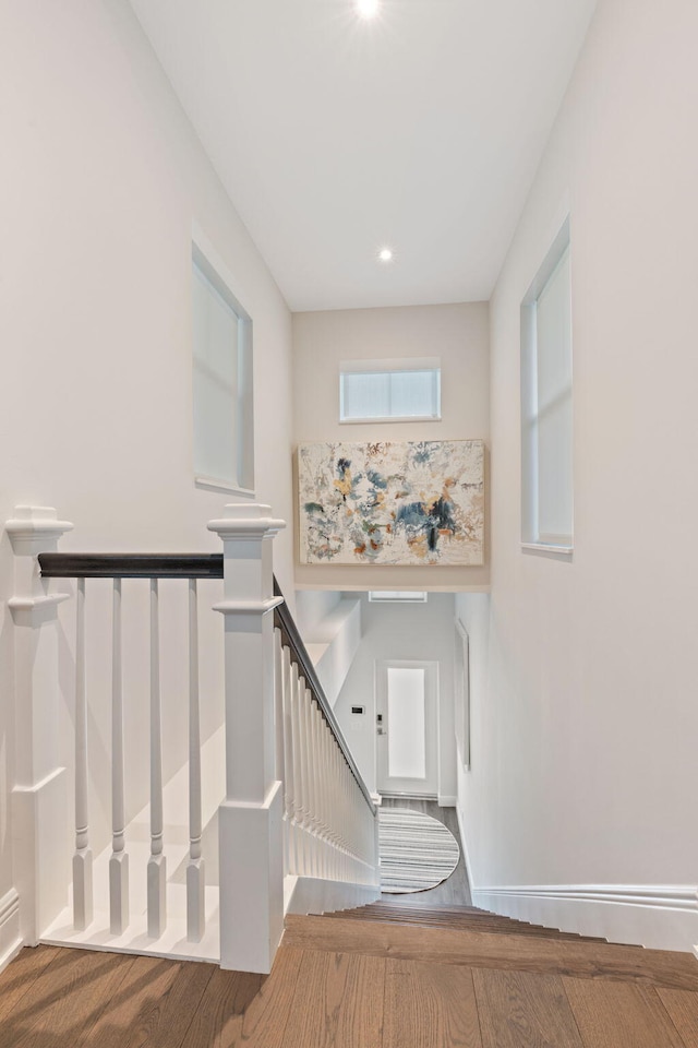 stairs with hardwood / wood-style floors