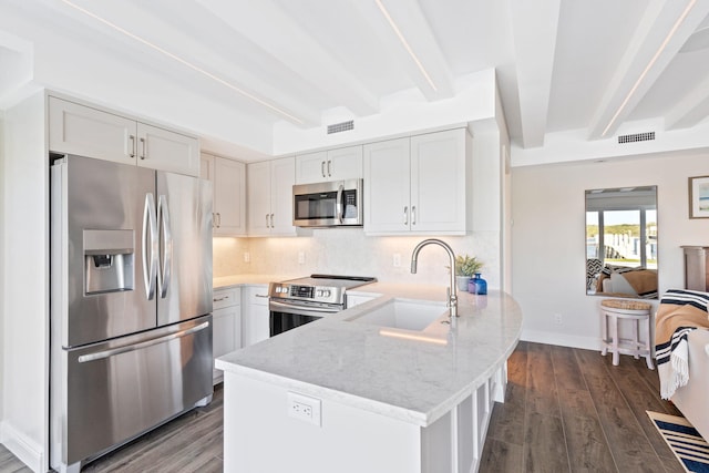 kitchen featuring white cabinets, stainless steel appliances, sink, dark hardwood / wood-style floors, and kitchen peninsula