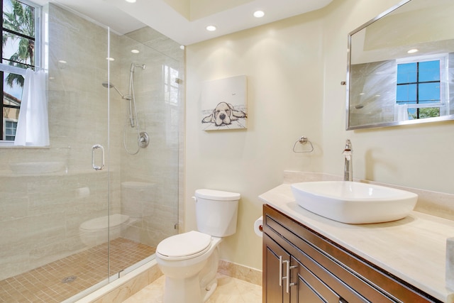 bathroom with vanity, toilet, and walk in shower