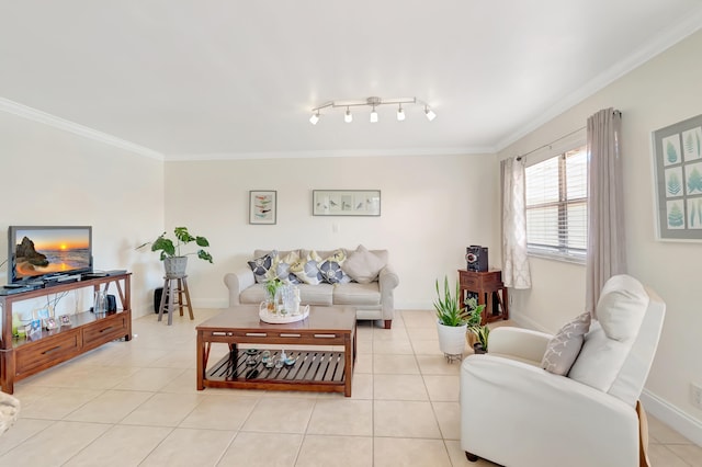 living room featuring crown molding and light tile patterned floors