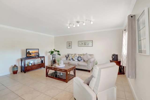 living room with light tile patterned floors, baseboards, and crown molding