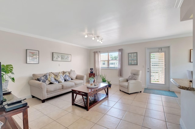 living area featuring light tile patterned floors, baseboards, and ornamental molding