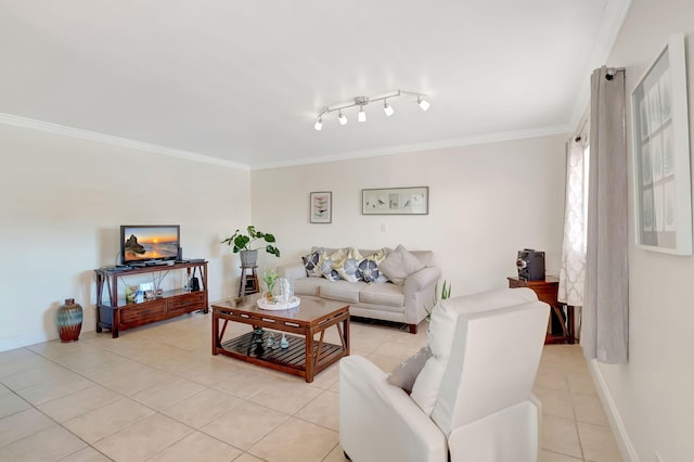 living room featuring ornamental molding, light tile patterned flooring, and baseboards