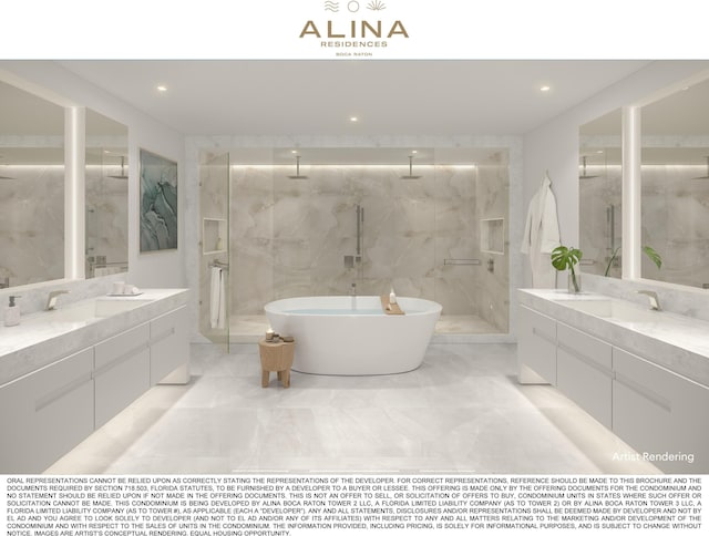 bathroom featuring a sink, two vanities, and a marble finish shower