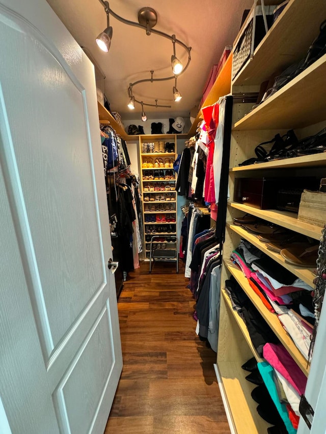 walk in closet with dark hardwood / wood-style flooring