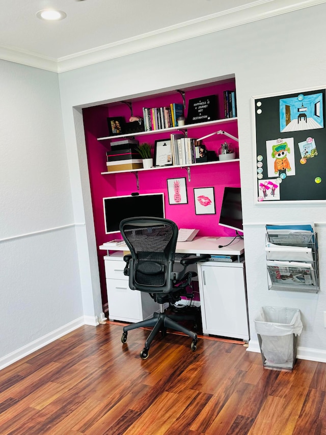 office with crown molding and wood-type flooring