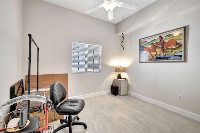 home office with light hardwood / wood-style flooring and ceiling fan