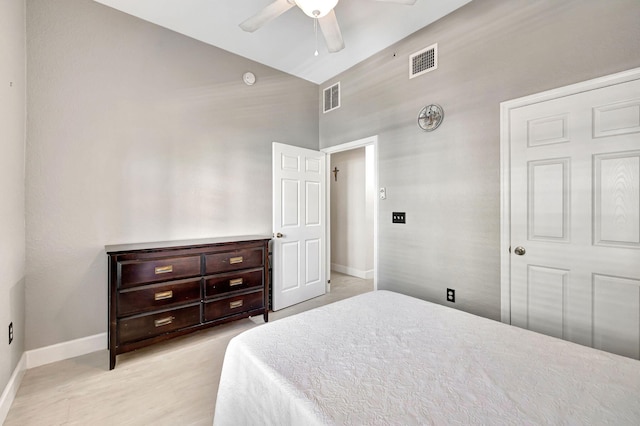2801 Riverside Dr Unit 203-S, Coral Springs, FL 33065 - bedroom featuring baseboards, a ceiling fan, light wood-style floors, and high vaulted ceiling