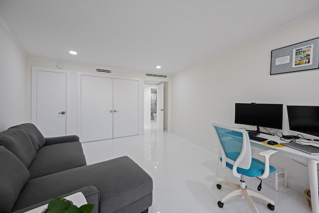 tiled home office with ornamental molding