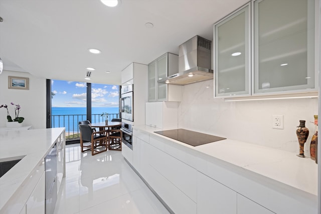 kitchen featuring light stone counters, stainless steel appliances, backsplash, wall chimney range hood, and a water view